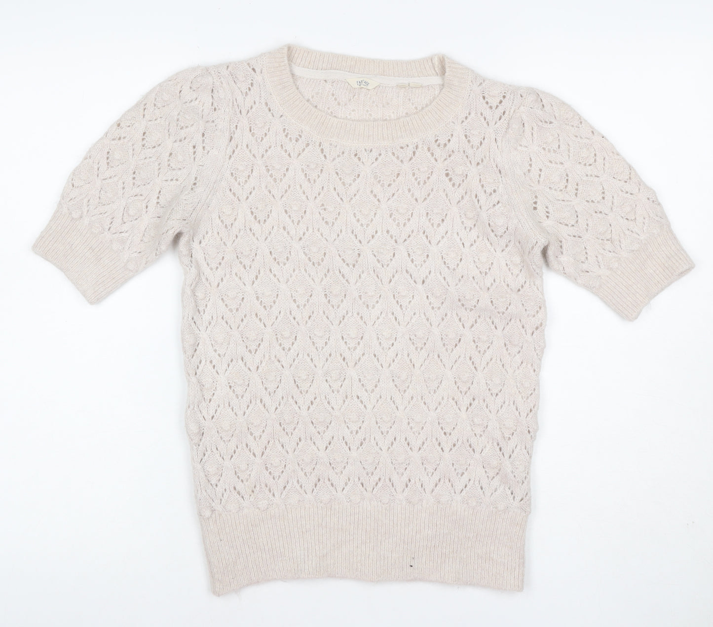 Fat Face Women Ivory Alpaca Blend Open-Knit Short Sleeve Pullover UK 8