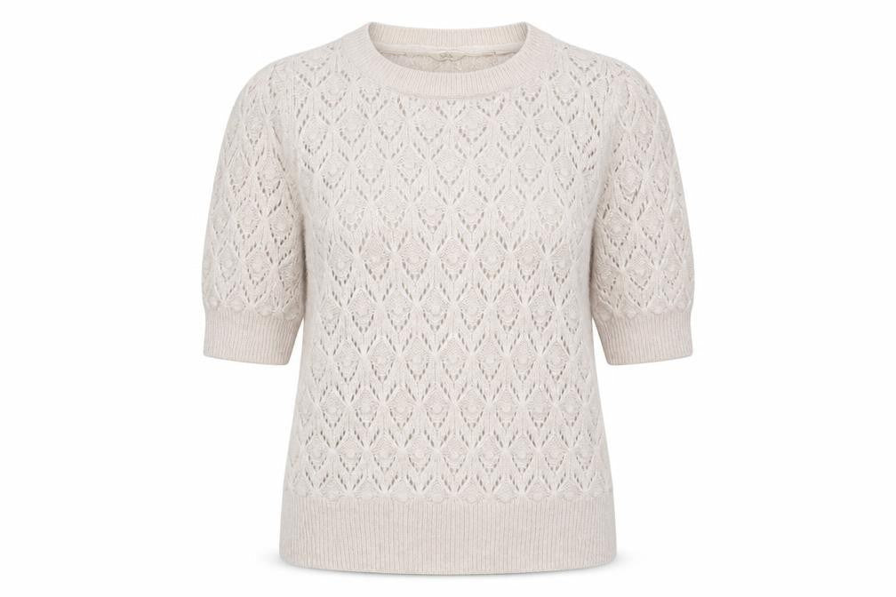 FatFace Women Ivory Alpaca Blend Open-Knit Short Sleeve Pullover UK 8