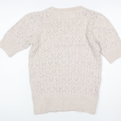 Fat Face Women Ivory Alpaca Blend Open-Knit Short Sleeve Pullover UK 8