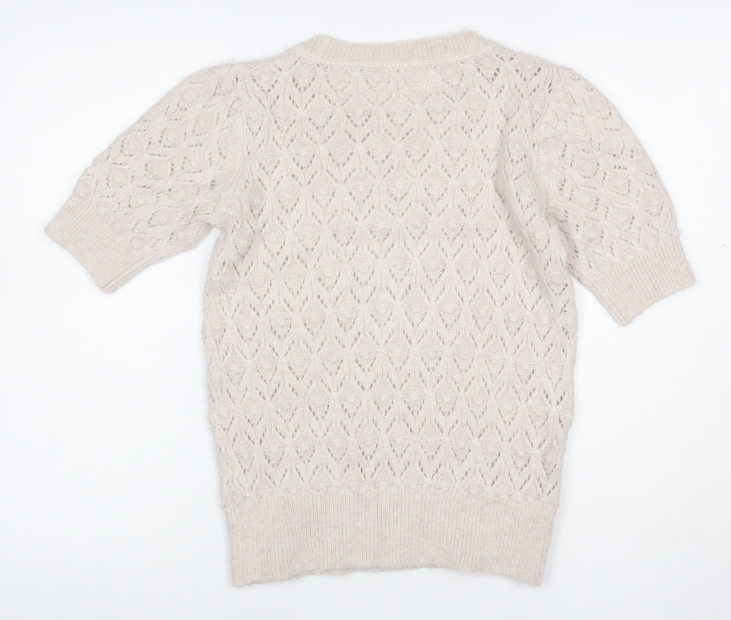 Fat Face Women Ivory Alpaca Blend Open-Knit Short Sleeve Pullover UK 8