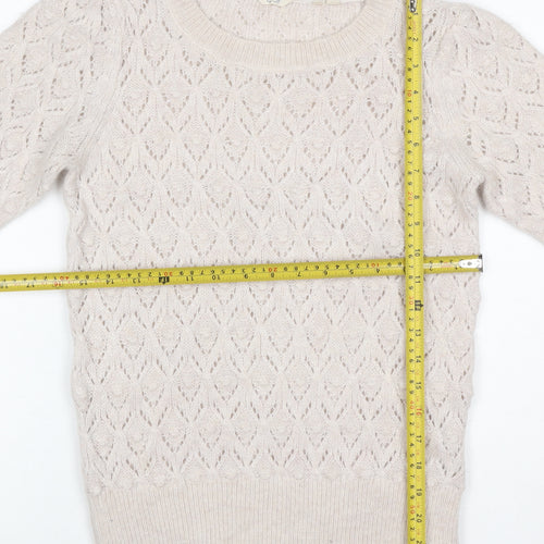 Fat Face Women Ivory Alpaca Blend Open-Knit Short Sleeve Pullover UK 8