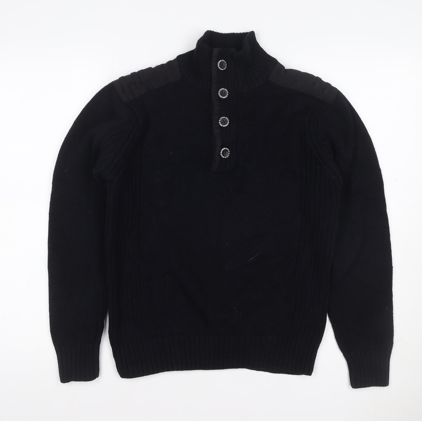 Burton Mens Black L Cable Knit High Neck Henley Jumper