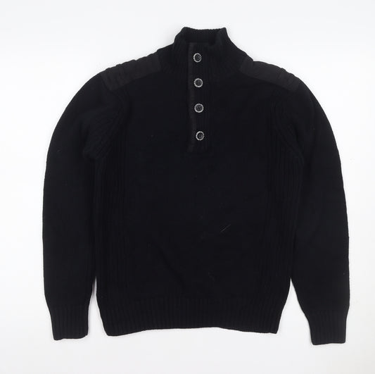 Burton Mens Black L Cable Knit High Neck Henley Jumper