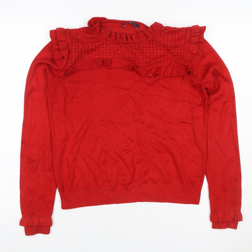 M&S Womens Red Size 12 Ruffle Open-Knit Long Sleeve Jumper