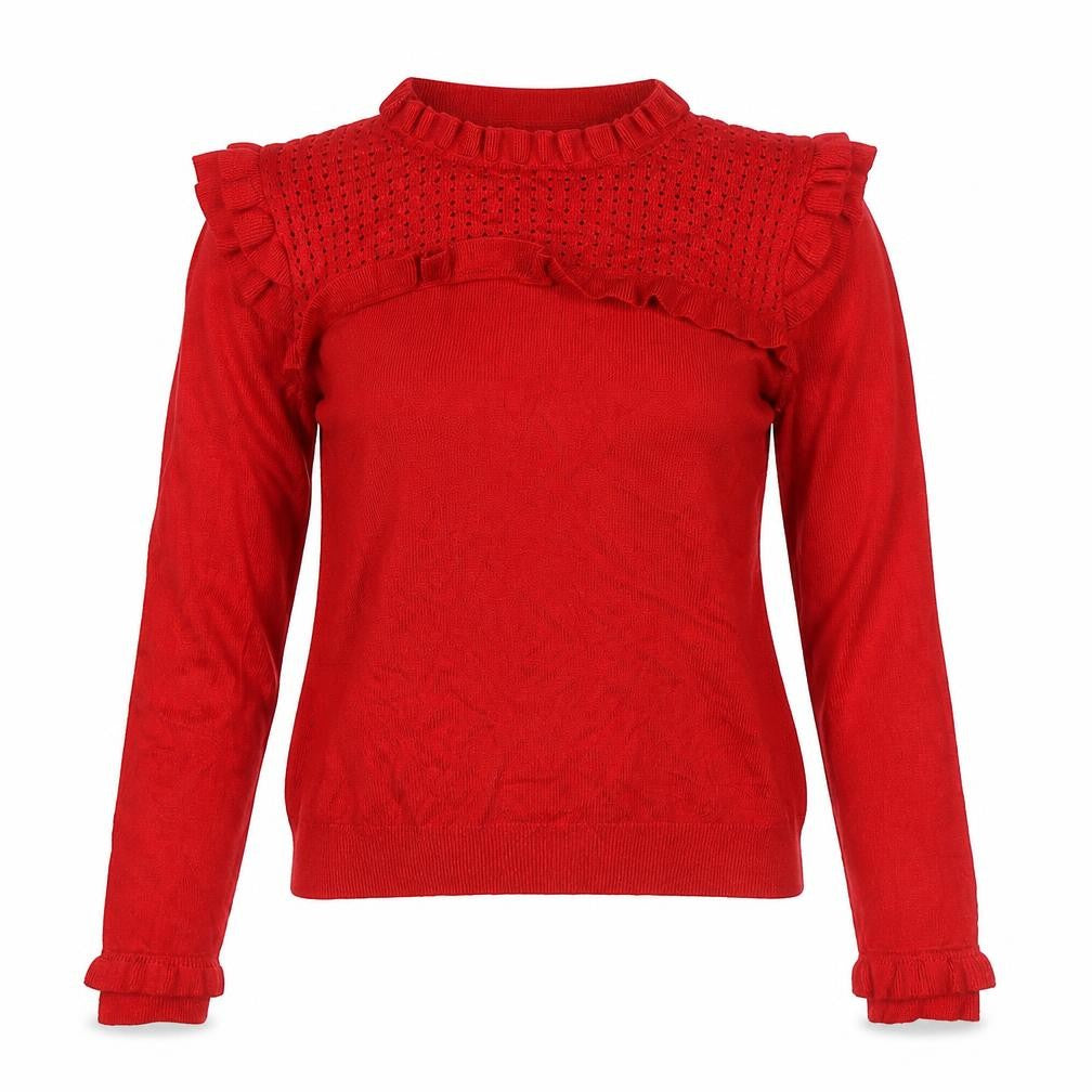 Front view of Marks & Spencer women’s red, size UK 12, ruffle open-knit long sleeve jumper