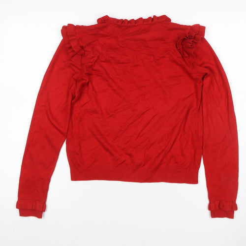 M&S Womens Red Size 12 Ruffle Open-Knit Long Sleeve Jumper