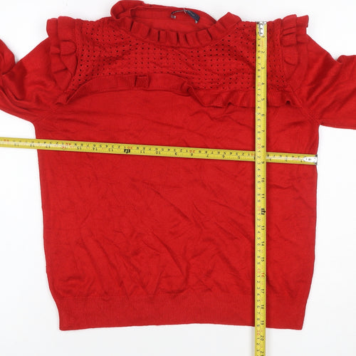 M&S Womens Red Size 12 Ruffle Open-Knit Long Sleeve Jumper