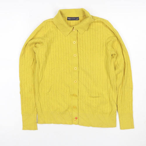 Marks & Spencer Women Yellow S Rib Knit Collared Button Cardigan