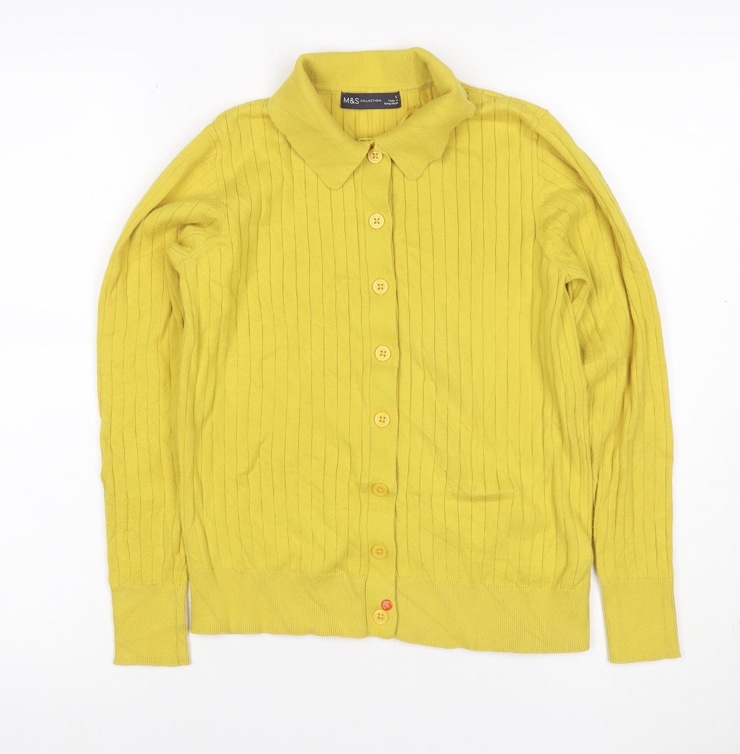 Marks & Spencer Women Yellow S Rib Knit Collared Button Cardigan