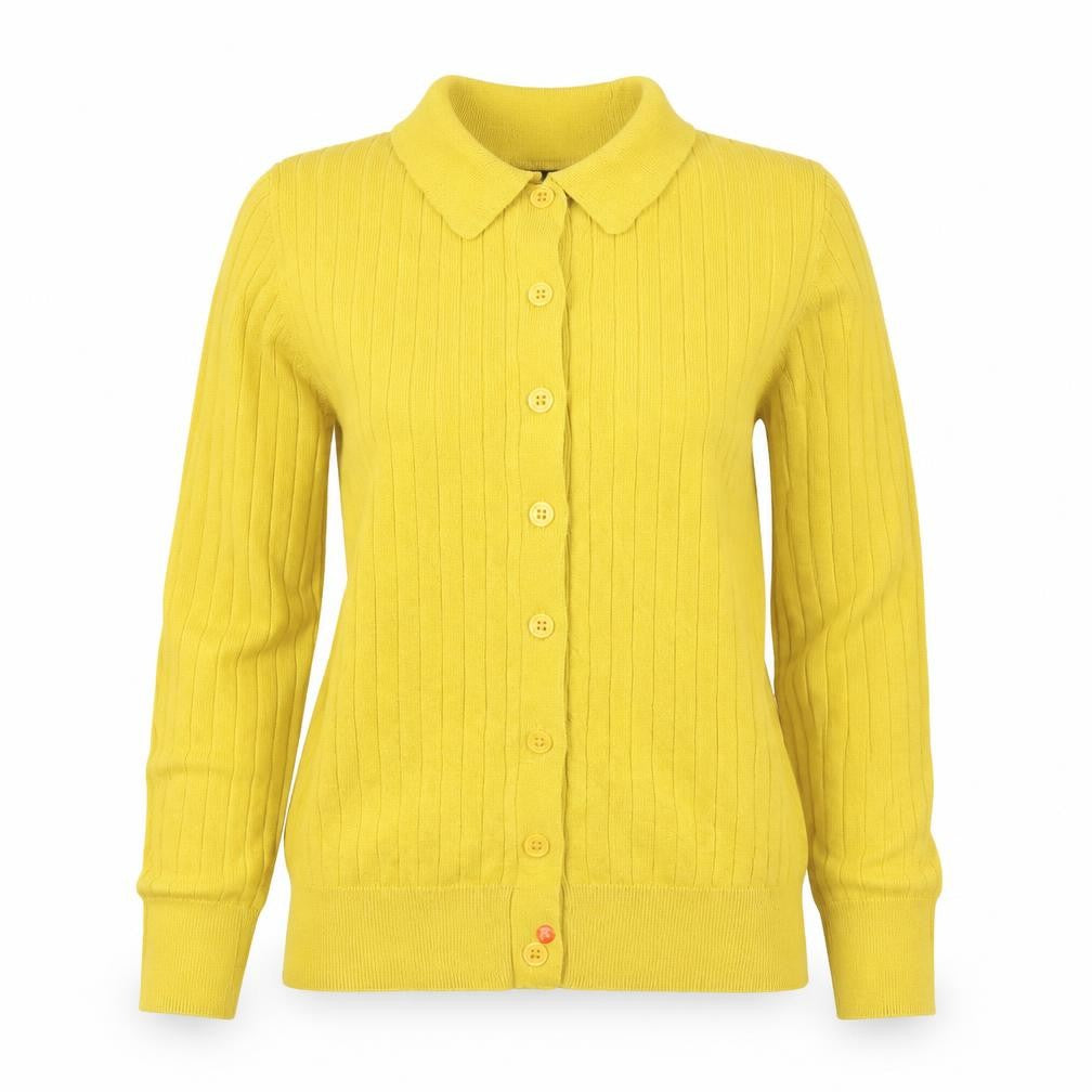 Front view of Marks & Spencer Women Yellow S Rib Knit Collared Button Cardigan