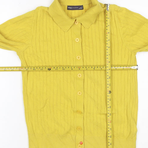 Marks & Spencer Women Yellow S Rib Knit Collared Button Cardigan