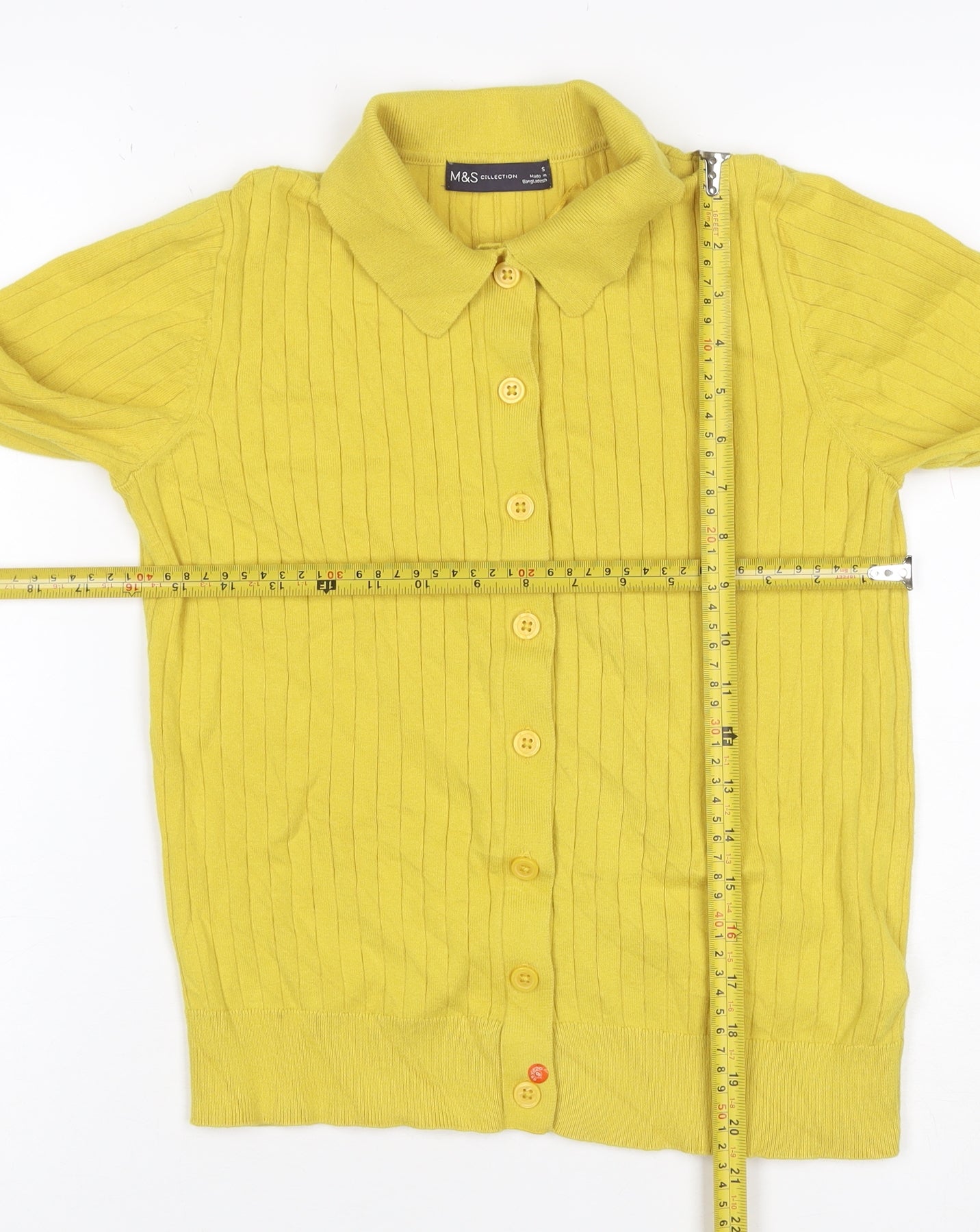 Marks & Spencer Women Yellow S Rib Knit Collared Button Cardigan