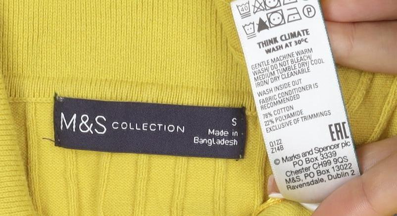 Marks & Spencer Women Yellow S Rib Knit Collared Button Cardigan