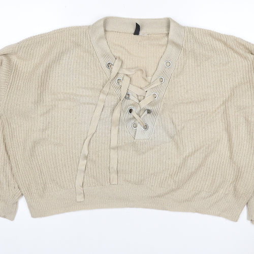 H&M Divided Women’s Beige M Lace-Up V-Neck Mohair Wool Knit Jumper