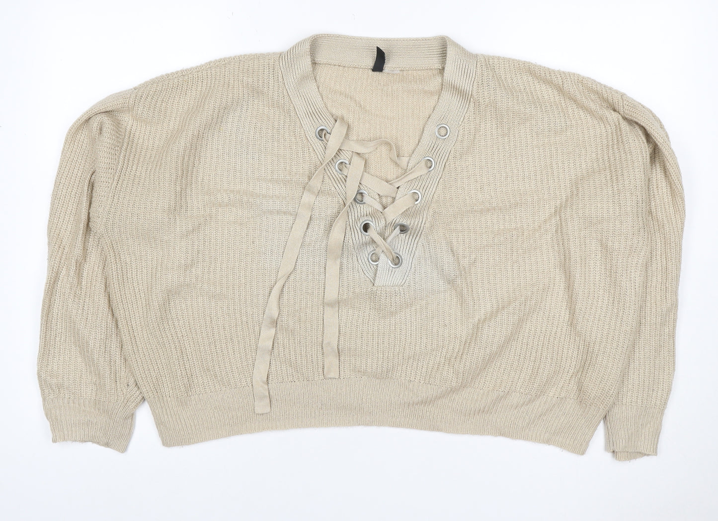 H&M Divided Women’s Beige M Lace-Up V-Neck Mohair Wool Knit Jumper