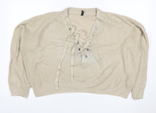H&M Divided Women’s Beige M Lace-Up V-Neck Mohair Wool Knit Jumper