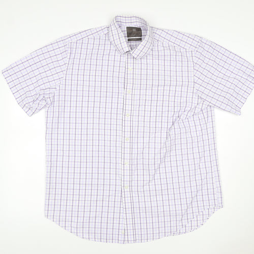 M&S Men White Purple Check Shirt 17 Regular Fit Short Sleeve