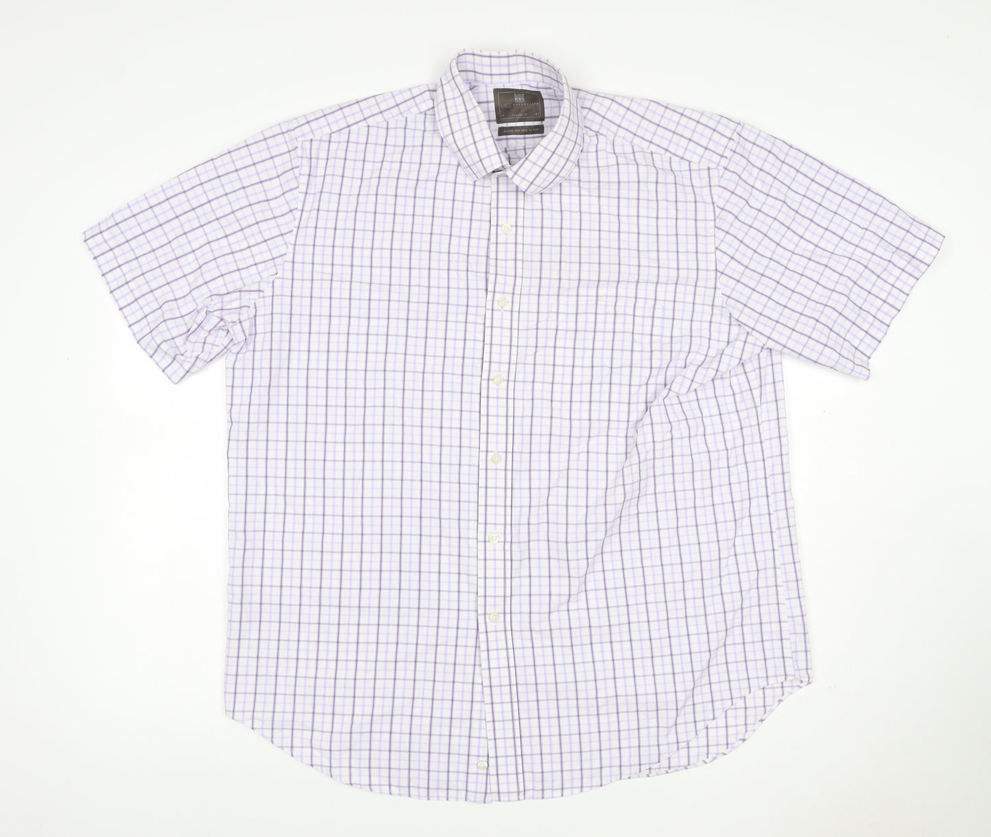M&S Men White Purple Check Shirt 17 Regular Fit Short Sleeve