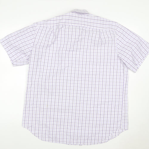 M&S Men White Purple Check Shirt 17 Regular Fit Short Sleeve