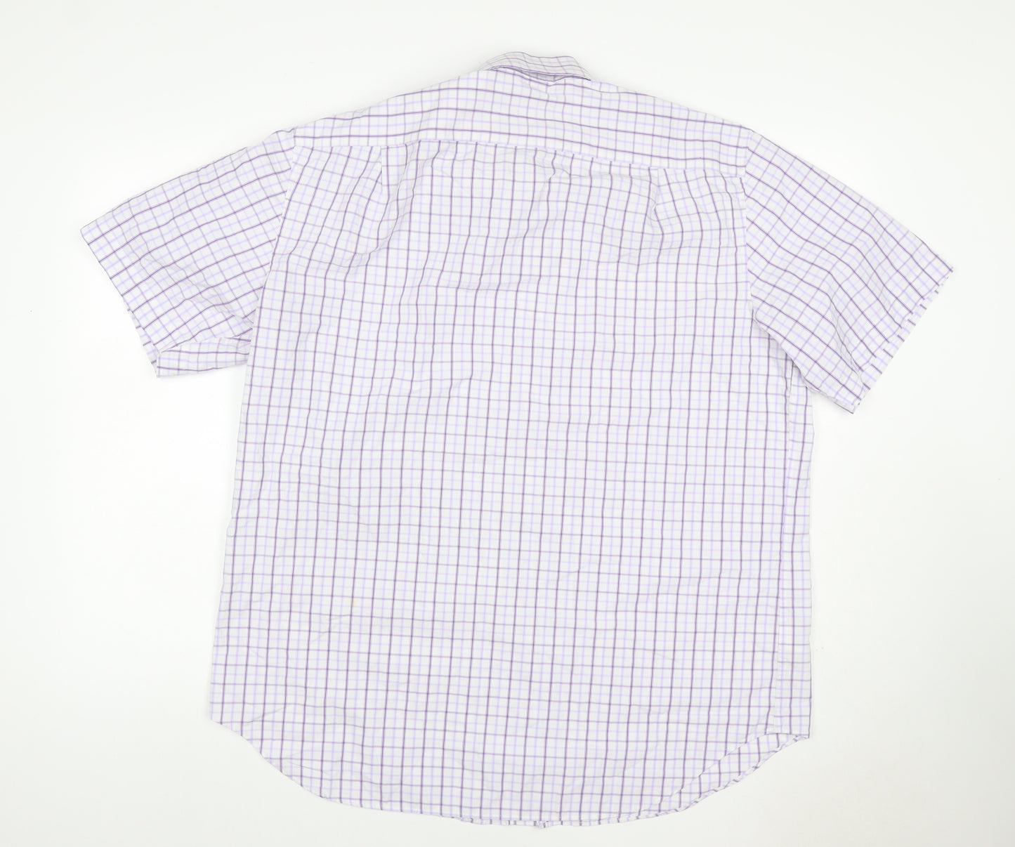 M&S Men White Purple Check Shirt 17 Regular Fit Short Sleeve