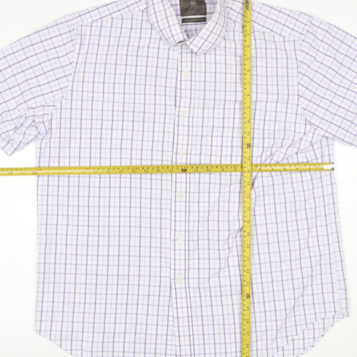 M&S Men White Purple Check Shirt 17 Regular Fit Short Sleeve