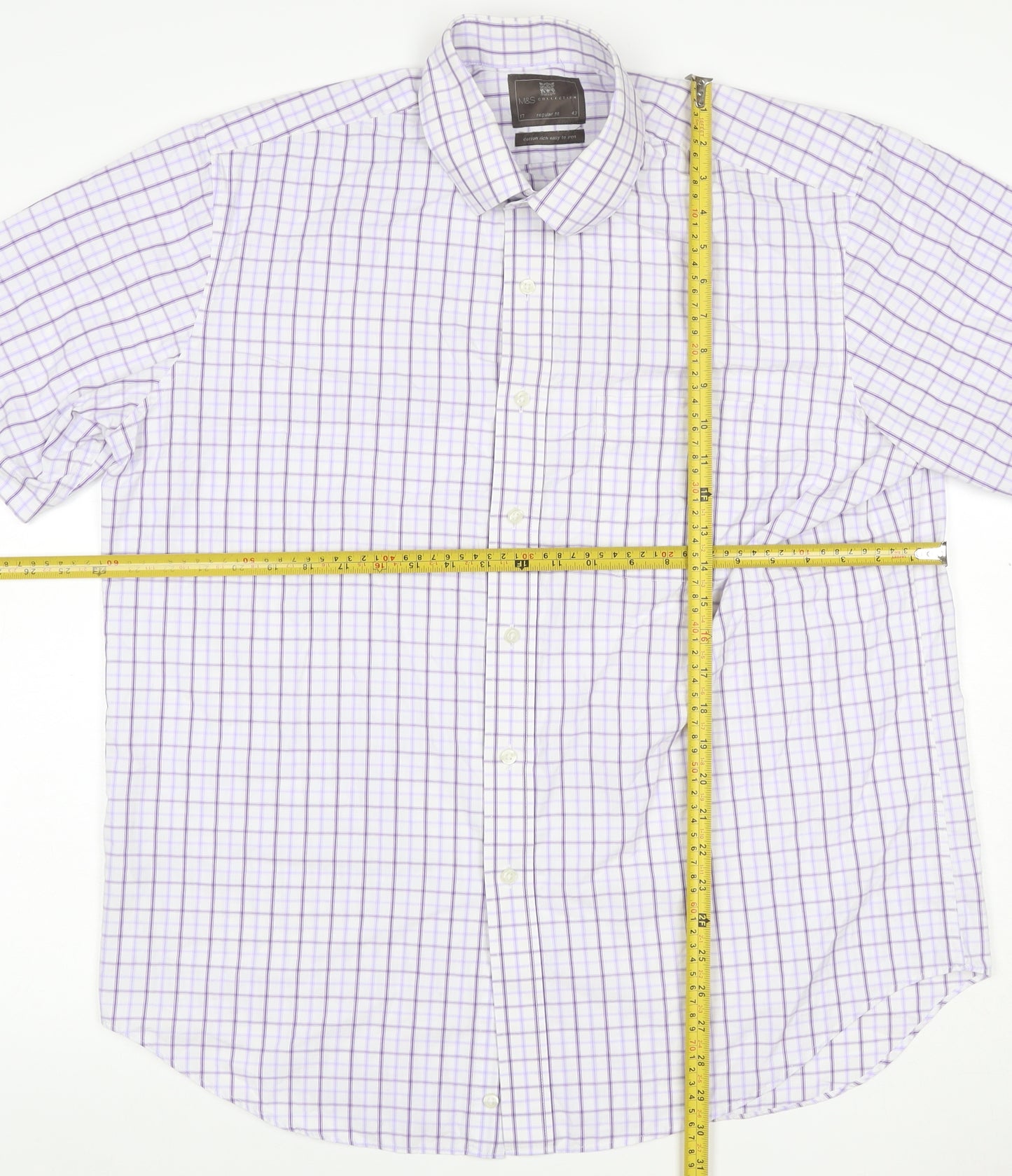 M&S Men White Purple Check Shirt 17 Regular Fit Short Sleeve