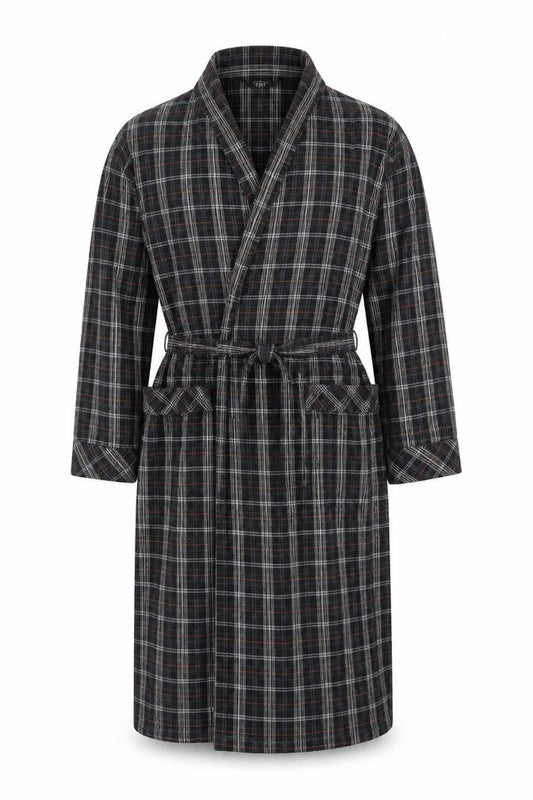 Black Brown Men’s Black Plaid Cotton Flannel Belted One Piece Pyjamas M