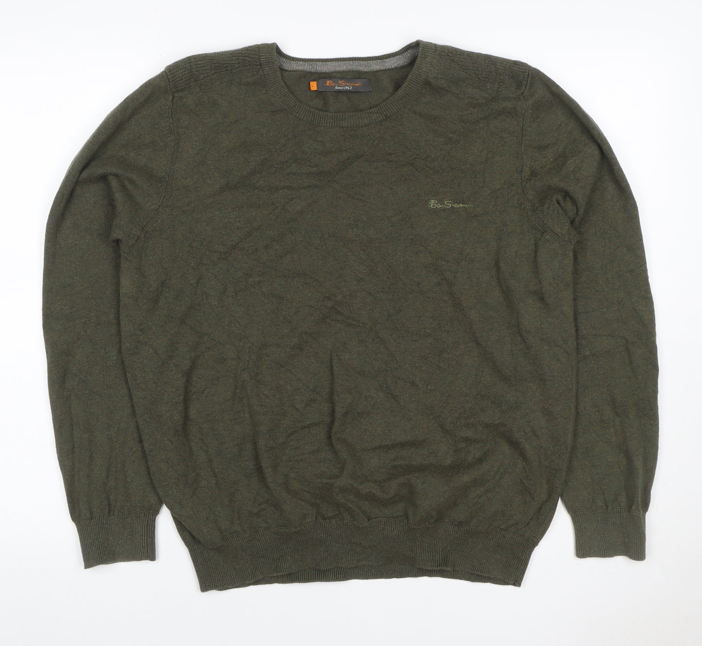 Ben Sherman Men’s Green L Cotton Crew Neck Logo Pullover Jumper