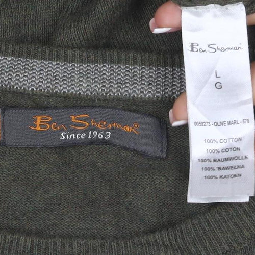 Ben Sherman Men’s Green L Cotton Crew Neck Logo Pullover Jumper