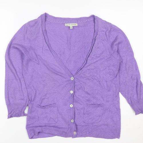 Laura Ashley Women Purple Linen Cotton V-Neck Cardigan UK 14