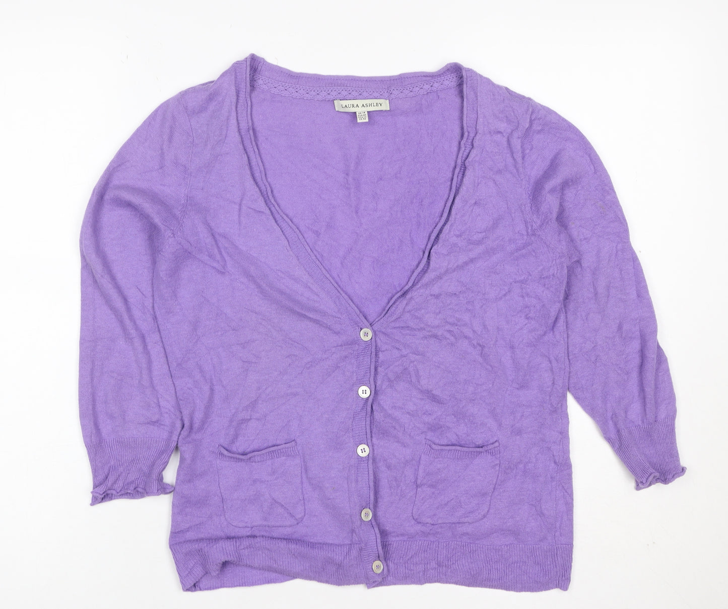 Laura Ashley Women Purple Linen Cotton V-Neck Cardigan UK 14