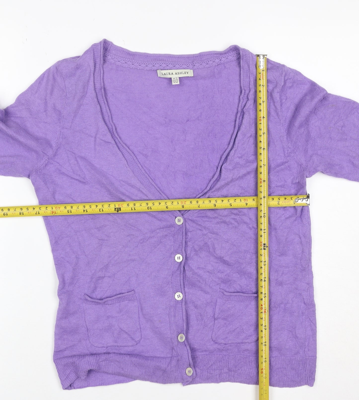 Laura Ashley Women Purple Linen Cotton V-Neck Cardigan UK 14