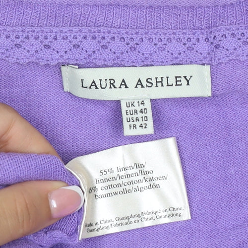 Laura Ashley Women Purple Linen Cotton V-Neck Cardigan UK 14