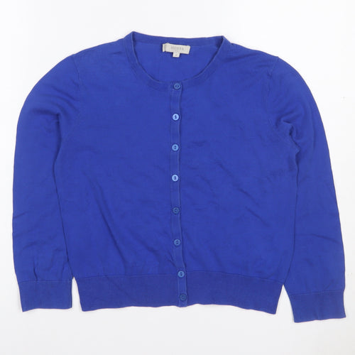 Hobbs Women Blue S Cotton Silk Button Knit Cardigan Round Neck