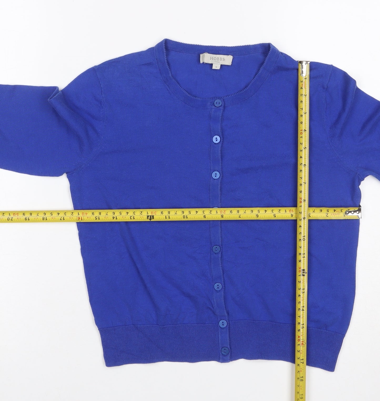 Hobbs Women Blue S Cotton Silk Button Knit Cardigan Round Neck