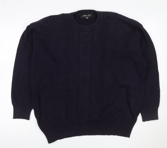 Jaeger Men’s Blue XL Cable Knit Cotton Crew Neck Pullover Jumper