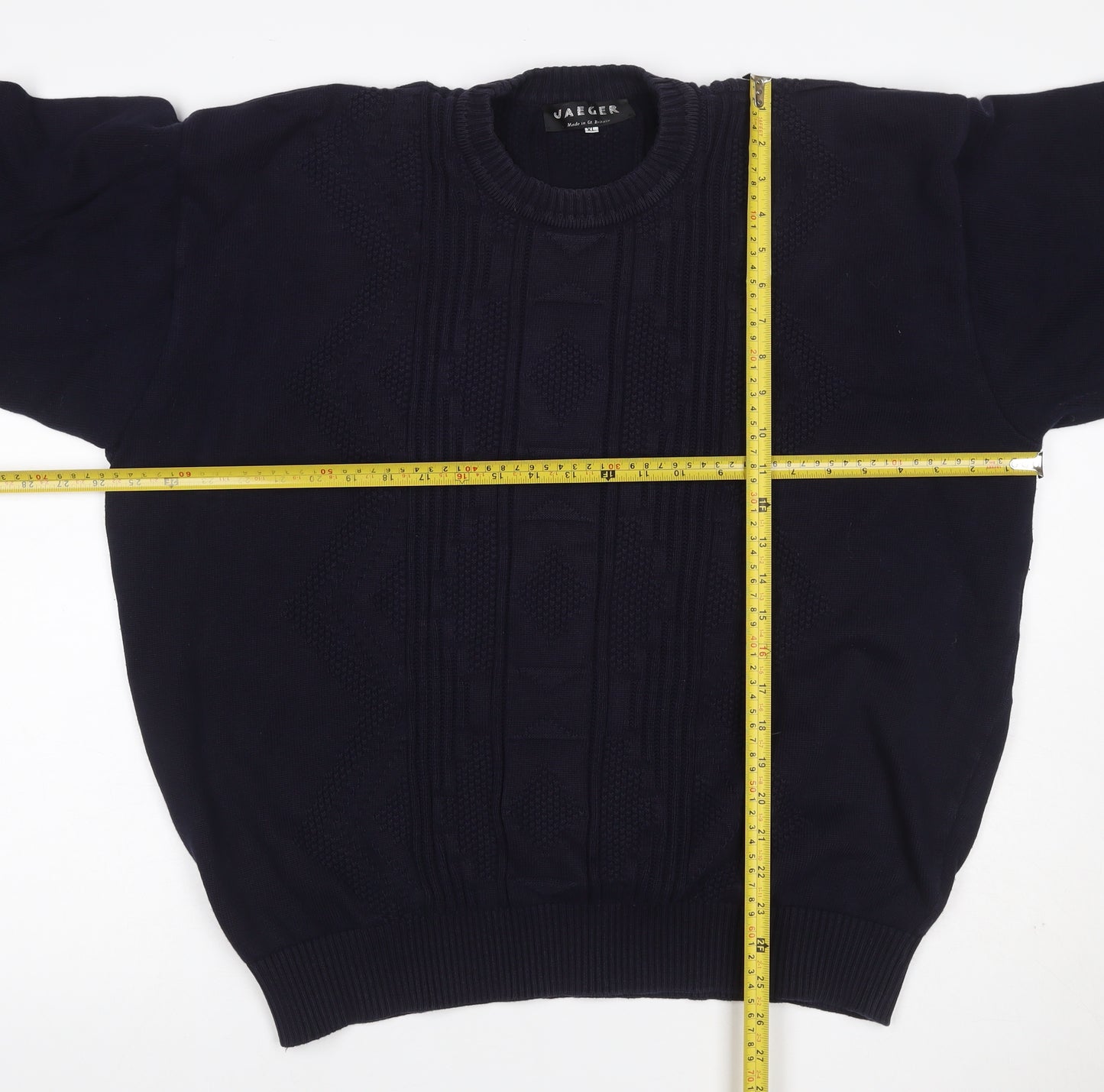 Jaeger Men’s Blue XL Cable Knit Cotton Crew Neck Pullover Jumper