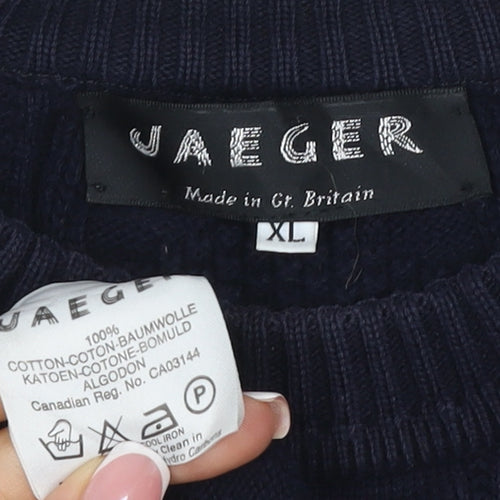 Jaeger Men’s Blue XL Cable Knit Cotton Crew Neck Pullover Jumper
