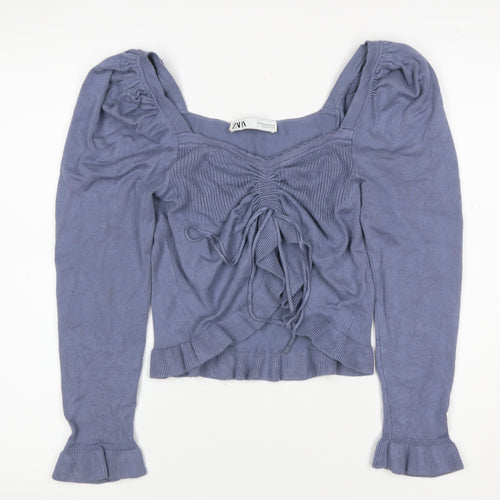 Zara Women’s Blue UK 10 Square Neck Puff Sleeve Ruffle Knit Jumper