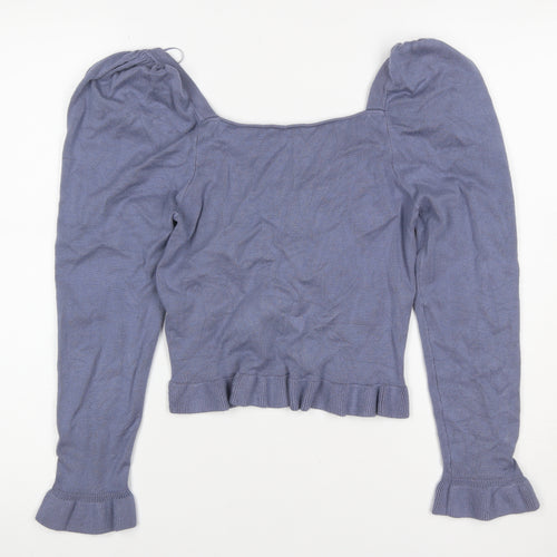 Zara Women’s Blue UK 10 Square Neck Puff Sleeve Ruffle Knit Jumper