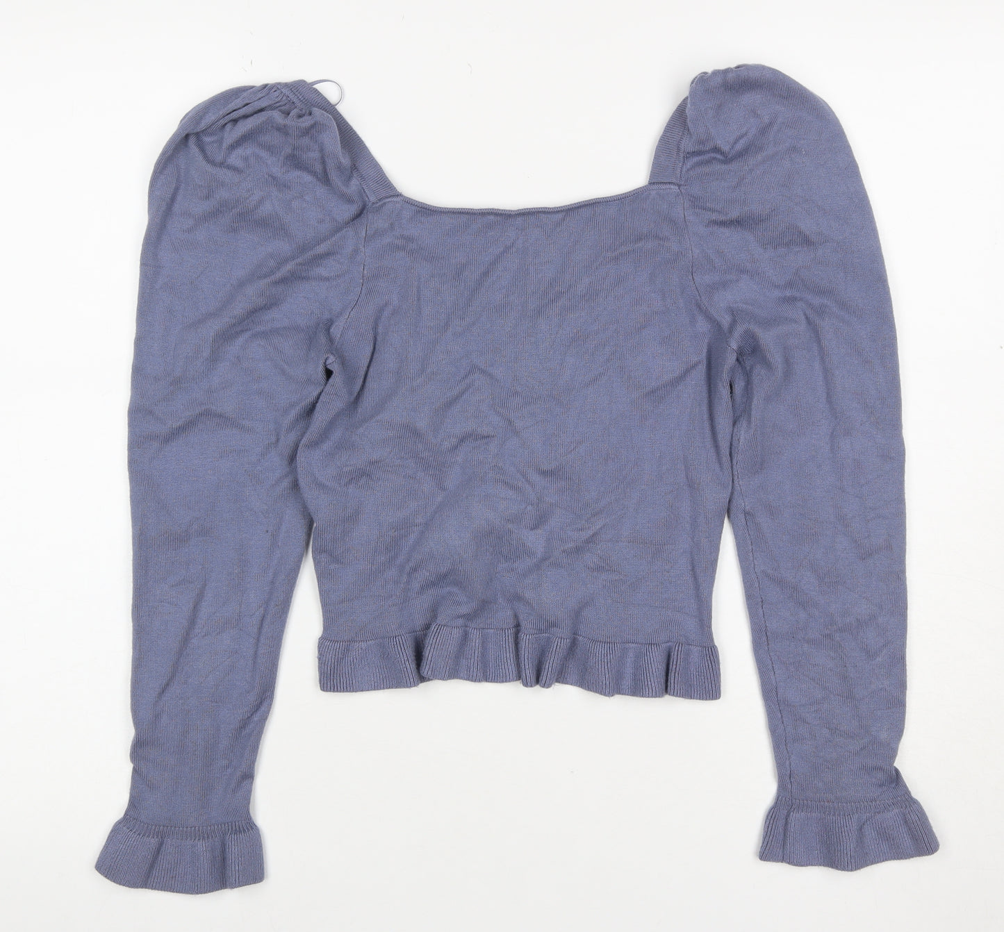 Zara Women’s Blue UK 10 Square Neck Puff Sleeve Ruffle Knit Jumper