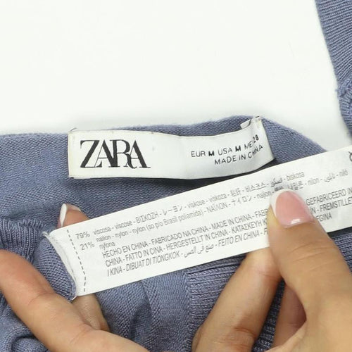 Zara Women’s Blue UK 10 Square Neck Puff Sleeve Ruffle Knit Jumper