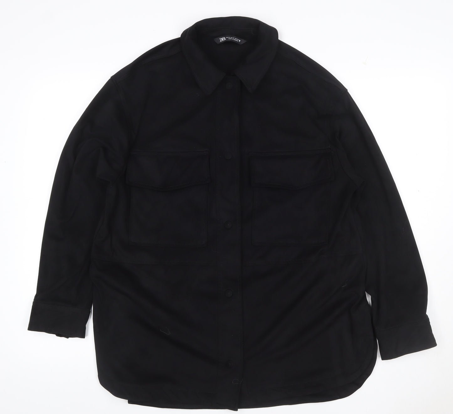 Zara Women Black M Military Utility Shirt Jacket Button Pockets