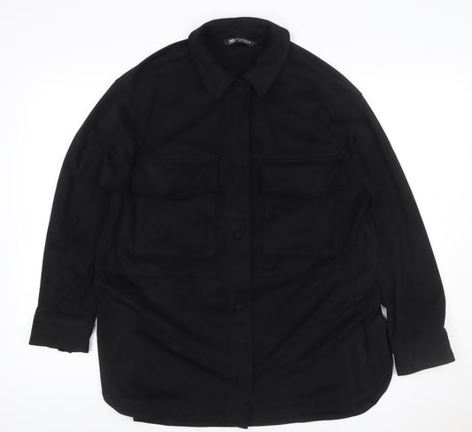 Zara Women Black M Military Utility Shirt Jacket Button Pockets