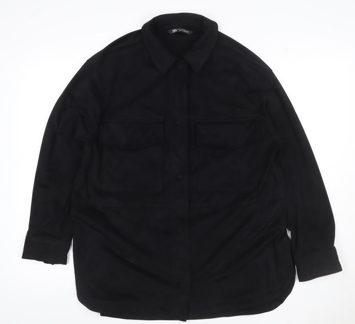 Zara Women Black M Military Utility Shirt Jacket Button Pockets