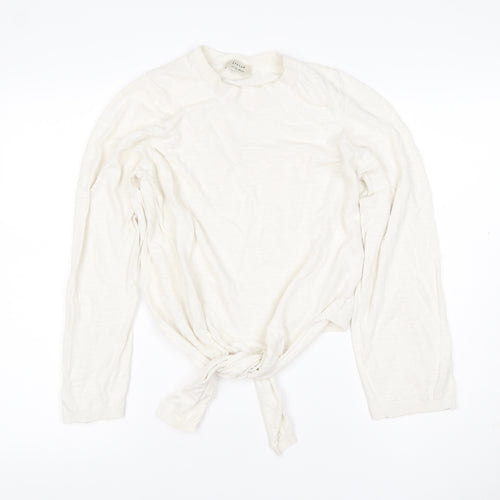 Jigsaw Women Ivory M Linen Cotton Tie Front Long Sleeve Knit Top