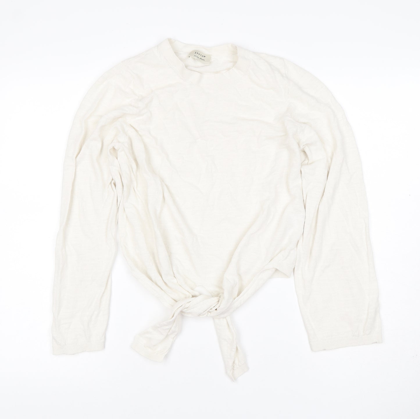 Jigsaw Women Ivory M Linen Cotton Tie Front Long Sleeve Knit Top