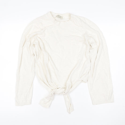 Jigsaw Women Ivory M Linen Cotton Tie Front Long Sleeve Knit Top