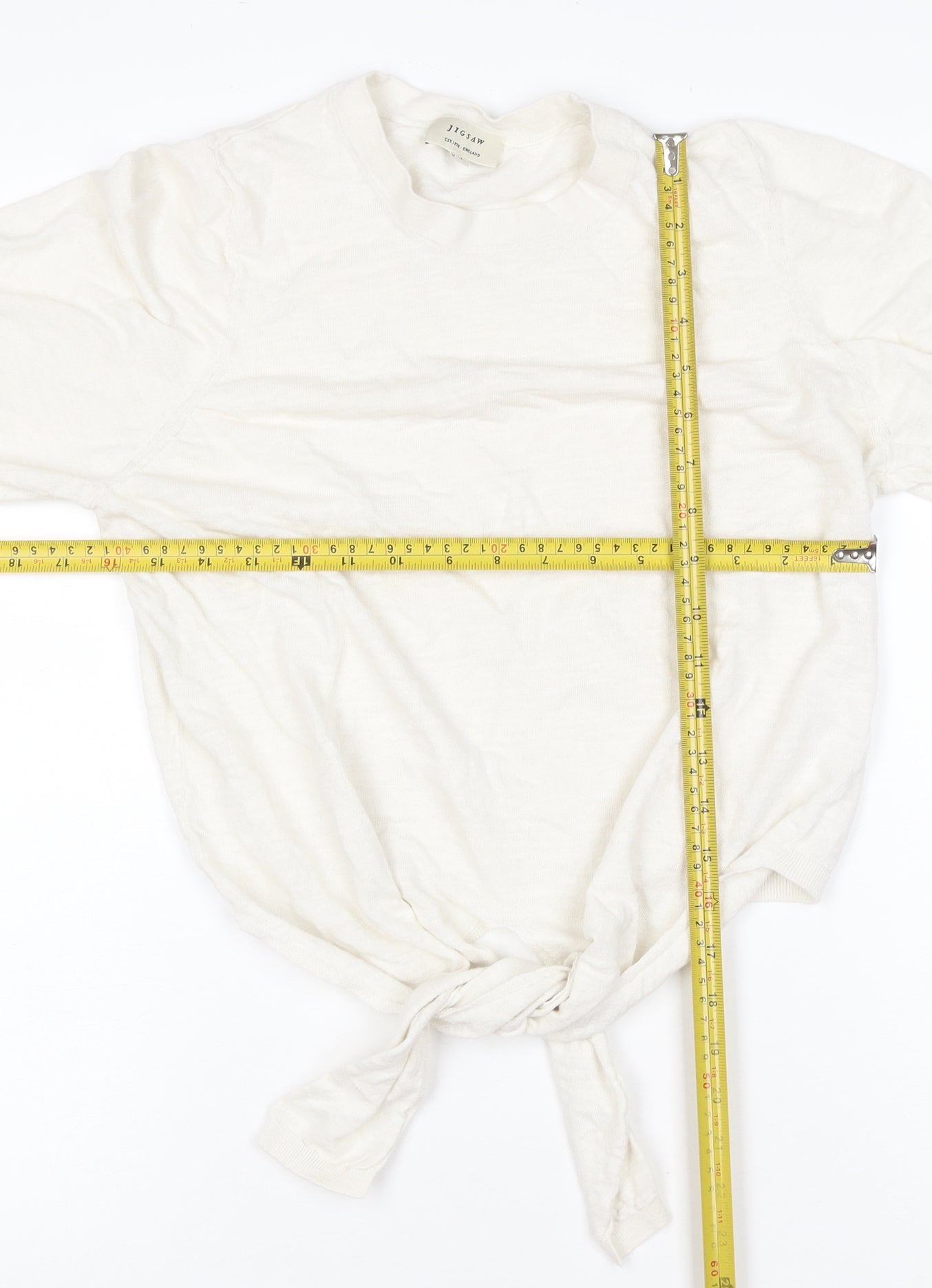 Jigsaw Women Ivory M Linen Cotton Tie Front Long Sleeve Knit Top