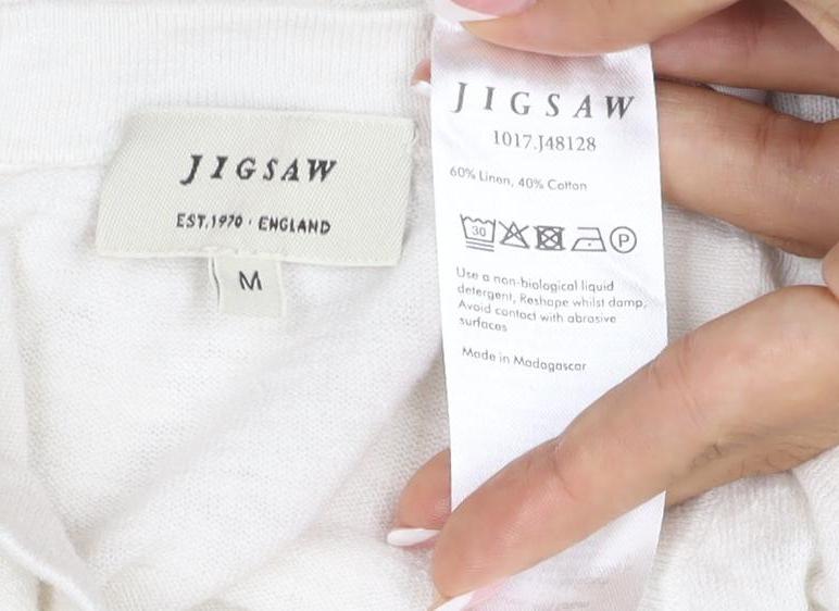 Jigsaw Women Ivory M Linen Cotton Tie Front Long Sleeve Knit Top